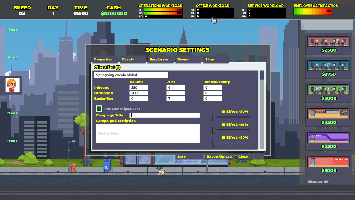 Create your own Scenario! You have full control over the entire building and company. You even create your own clients, and upload the whole Scenario to Steam Workshop for other players to try to beat!
Wishlist now! =)
#SmoothOperators2 #indiegame #IndieGameDev #SimGame #monogame