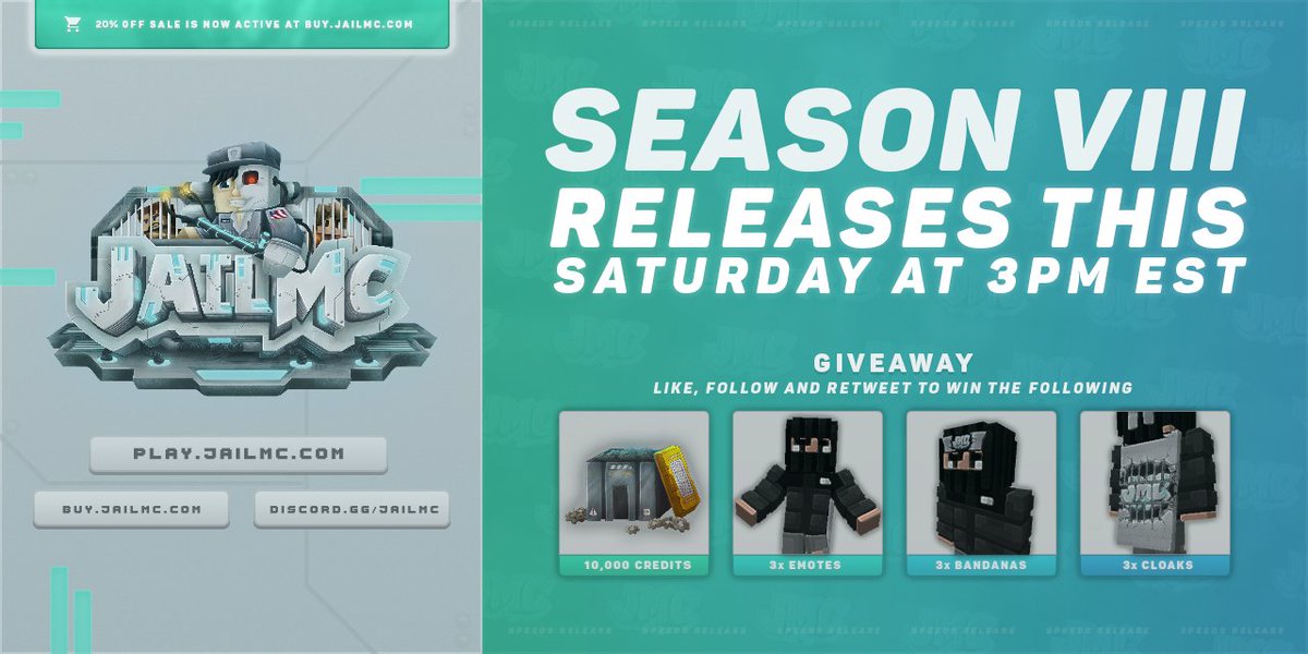 JailMCPrison's tweet image. OP Prison Season VIII releases Saturday at 3PM EST! 🚀

In celebration, enter the giveaway! ⤵️
• 3x 10,000 Credits
• 3x Lunar Cloaks
• 3x Lunar Emotes

To enter: Follow @JailMCPrison, retweet, &amp;amp; comment your IGN! 📣

IP: play.jailmc.com
Discord: discord.gg/jailmc