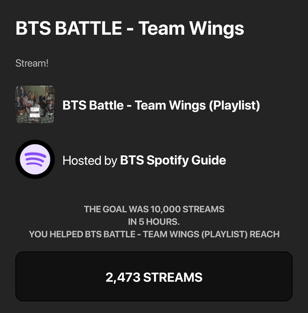 btspotifycentre's tweet photo. And it's a wrap! Thank you everyone for joining our #BTSBattle Wings VS Dark &amp; Wild streaming battle! Team Wings is the winner!🥳 https://t.co/EsouYvklvB