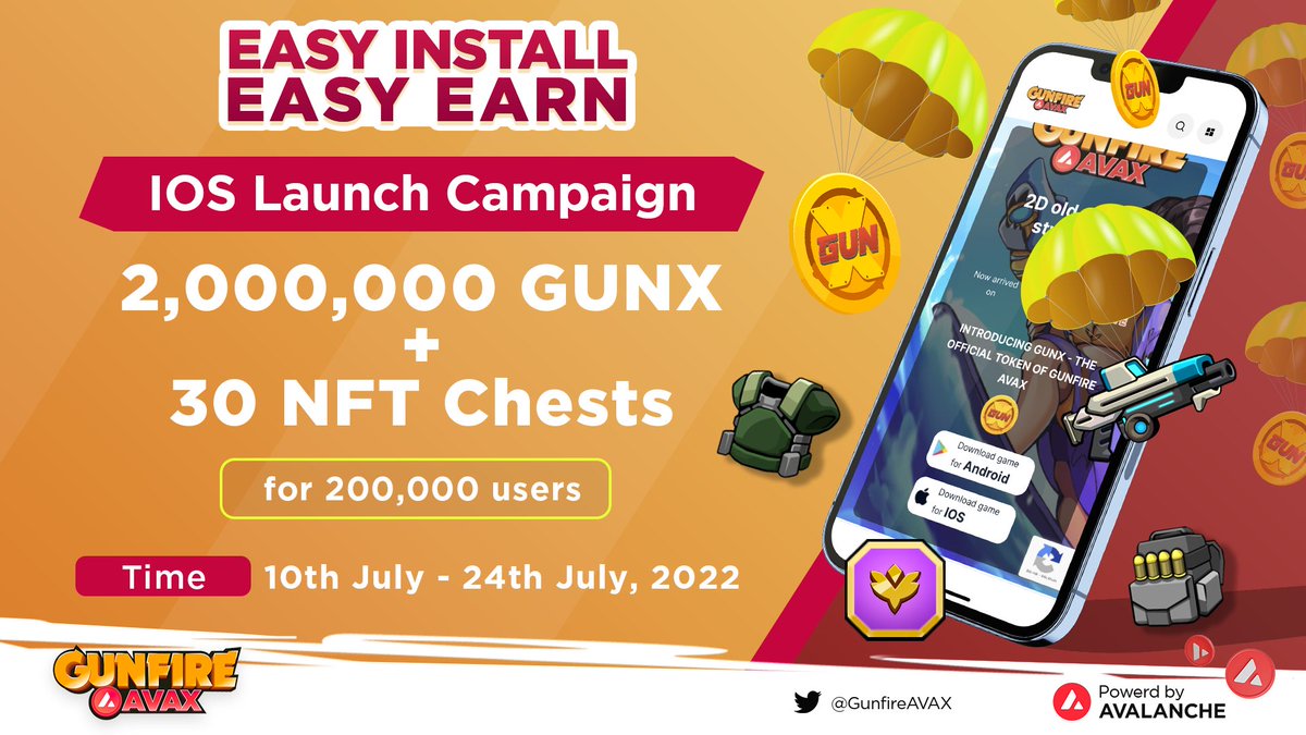 📢EASY INSTALL EASY EARN!!

To celebrate our IOS version launches, we have a special event with the MEGA prize pool for you: 2,000,000 GUNX + 30 Gunfire AVAX NFT chests. 🔥

Complete all simple tasks to receive the gifts!

🔫gleam.io/Daxnk/ios-laun…

#GleamGiveaway #gleamlist
