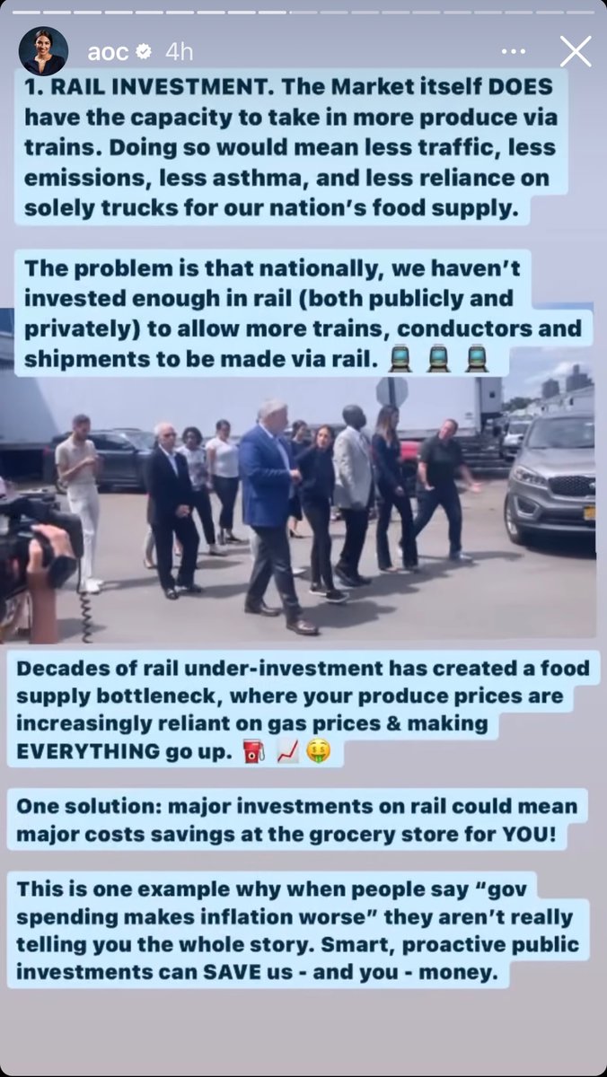 sam_d_1995's tweet photo. AOC is 100% right. 

capital investments in efficient infrastructure like rail is an anti-inflationary policy that lowers the cost of goods by significantly reducing the impact of expensive oil prices on everyday goods https://t.co/u3cRveNTLE