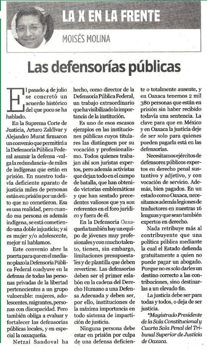 La clave para que en México y en Oaxaca la justicia deje de ser solo para quienes pueden pagarla está en las defensorías. 
<a href="/Angela_FriasA/">Ángela Frías</a> <a href="/Netzai_Sandoval/">Netzaí Sandoval</a> <a href="/MagistradoEnR/">R. Sánchez. A.</a> <a href="/rgmancilla1986/">Roberto Mancilla</a> <a href="/MonicaGuicho/">Mónica Güicho</a> <a href="/LRomo18/">Lorena Josefina Pérez Romo</a> <a href="/marioeherrera/">Mario Herrera</a> <a href="/ericgarcialopez/">Eric García-López 🧠⚖️</a> <a href="/oscar_leonard/">Óscar Leonardo Ríos</a> <a href="/garza_onofre/">Tito Garza Onofre</a>