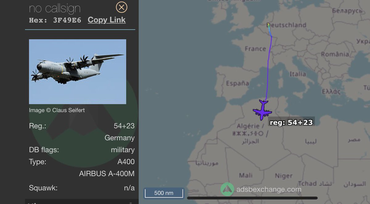 fabsenbln's tweet photo. #Niger - German Air Force 🇩🇪 A400M (reg. 54+23 - hex 3F49E6) with Medevac call sign #GAFMED2 is inbound Niamey 🇳🇪 from Wunstorf AB 🇩🇪 via Eindhoven 🇳🇱.

Two intensive care patients, two intermediate care patients and two low care patients can be cared for on board of this plane. https://t.co/uzBSt1e2je