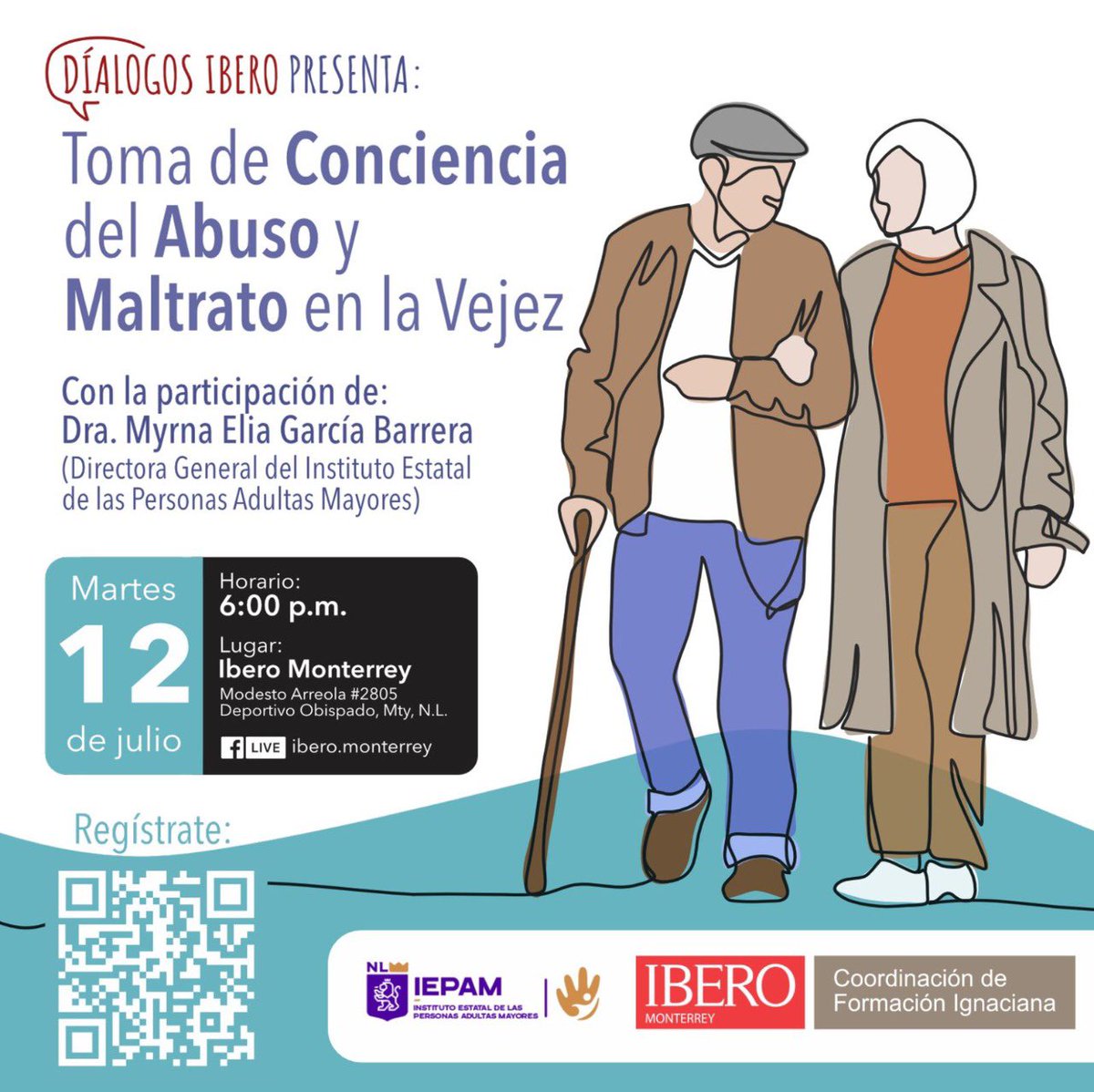 🟢 Diálogos Ibero: Toma de conciencia del Abuso y Maltrato en la Vejez
🟣 Fecha: 12 de Julio 2022   
🟢 Horario: 6:00pm 
📌 Lugar: Ibero Monterrey 
📋 Inscripción: forms.gle/ubkLtfdMwEAqoK…