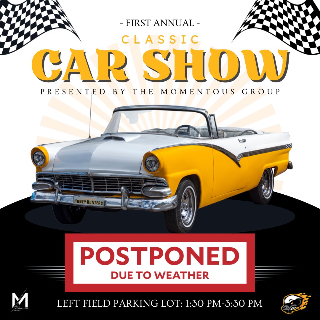 gohoneyhunters's tweet photo. We’re fighting the rain in Gastonia again so our pregame classic car show is being postponed! 
At this time we are still playing at the scheduled time of 4:15 with gates open at 3:30 for the first game of our double header. https://t.co/eAvSV9sY45