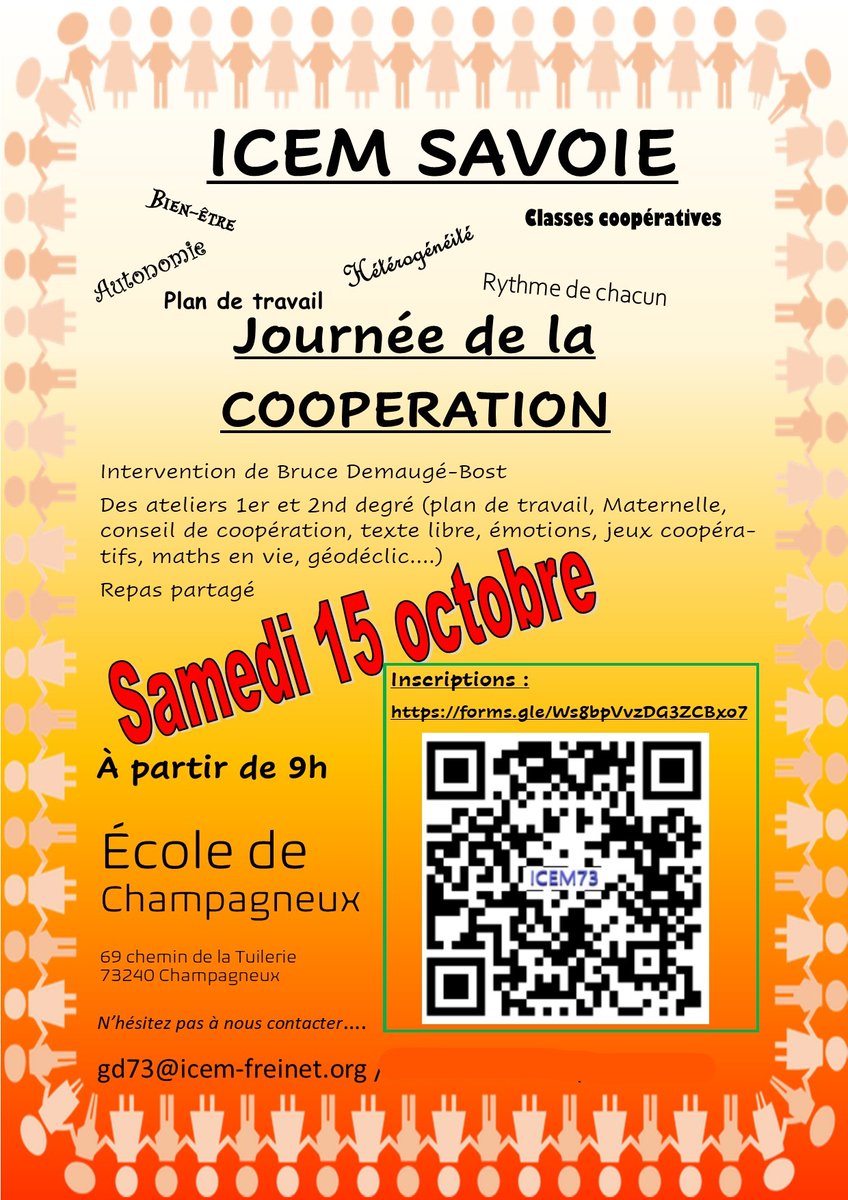 La prochaine journée de la coopération organisée par l'ICEM73 aura lieu le samedi 15 octobre à l'école de Champagneux en Savoie. Nous aurons grand plaisir à vous recevoir ! Pour les inscriptions, c'est par ici :
forms.gle/6bFir2dScmG5bp…
