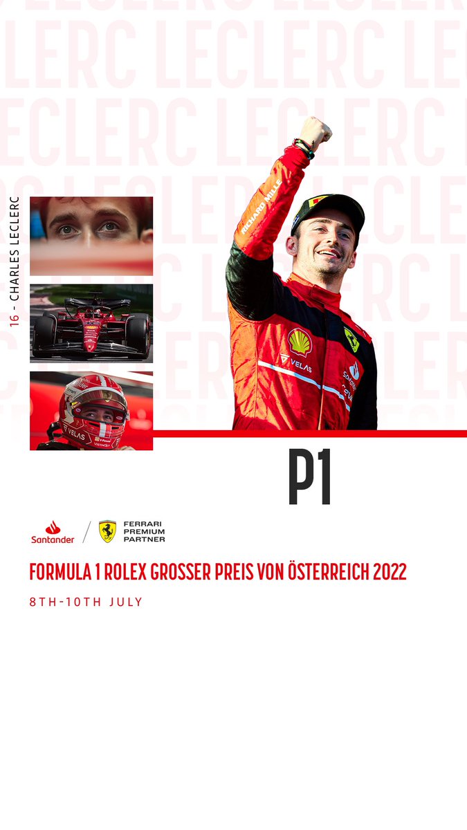SantanderGP's tweet photo. WHAT A WIN 😍 

P1 for @Charles_Leclerc ⭐️ 🏆 

Tifosi how are we feeling?! 

#AustrianGP https://t.co/MCozkNJeHk