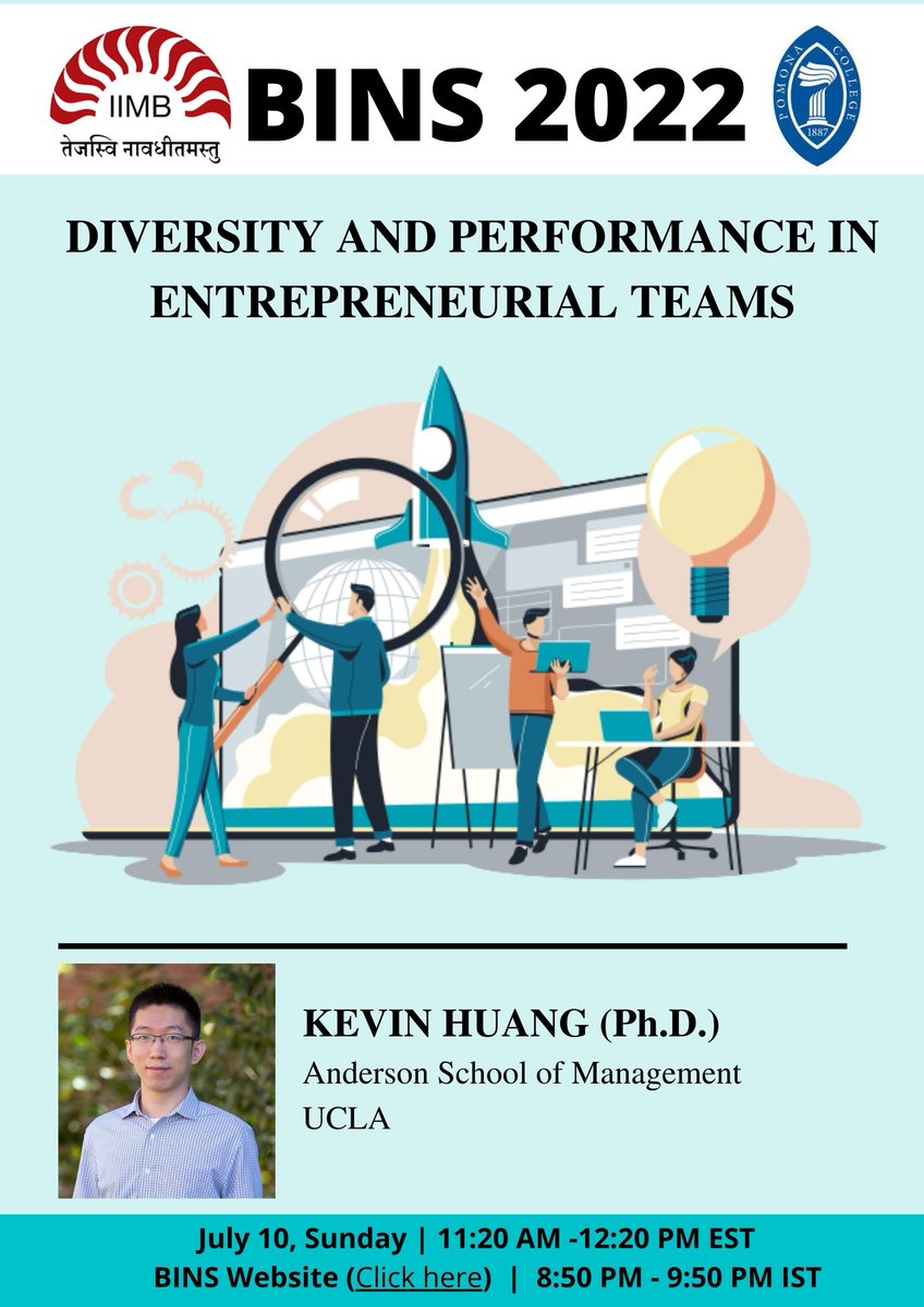 BINS_conference's tweet photo. Kevin Huang speaks about his research with @sophcalderwang and Paul A. Gompers in 20 minutes on "Diversity and Performance in Entrepreneurial Teams".

Please register: https://t.co/AxLZGUGb0Q

#EconConf #EconC4P #diversityinbusiness #EconTwitter #EconC4P https://t.co/9AqC5kBhKF