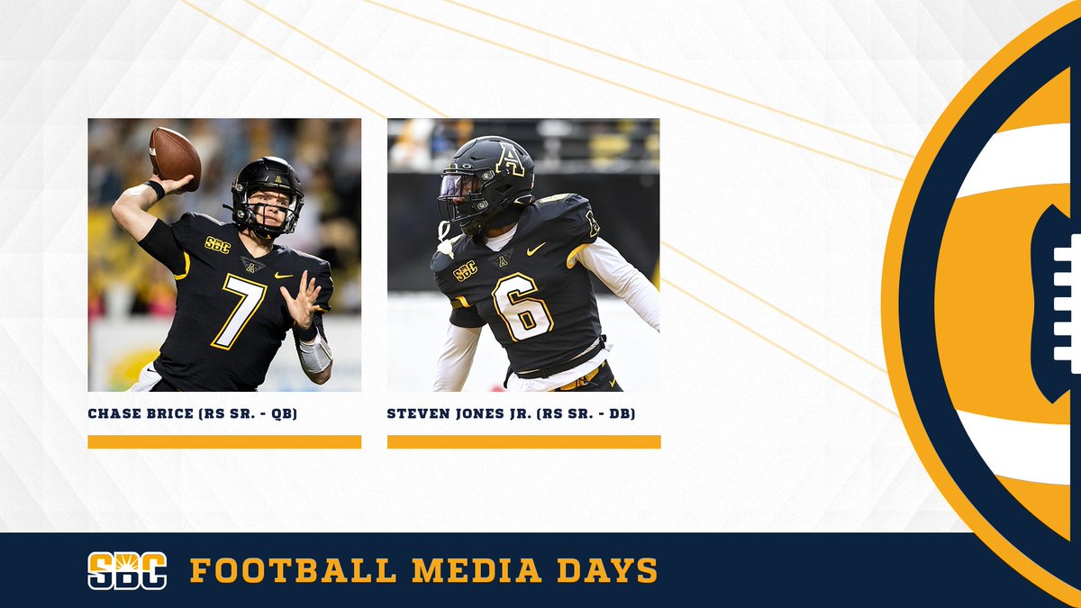 SunBeltFB's tweet photo. 𝗔𝗣𝗣 𝗦𝗧𝗔𝗧𝗘.

Representing the reigning Sun Belt East Division champions @AppState_FB at #SunBeltFB Media Days: 

▪️ @chasebrice7 (RS Sr. - QB)
▪️ @MrSteveMac6 (RS Sr. - DB) https://t.co/BANO2cGbSY