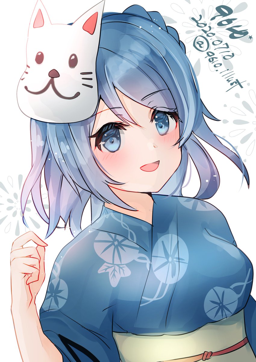 urakaze (kancolle) 1girl japanese clothes solo blue hair kimono blue eyes mask  illustration images