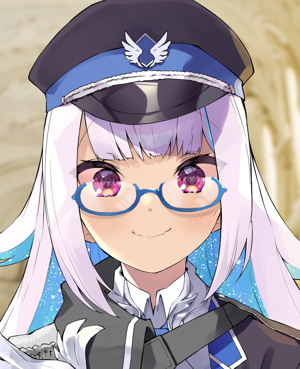 lize helesta 1girl hat solo glasses smile blue hair looking at viewer  illustration images