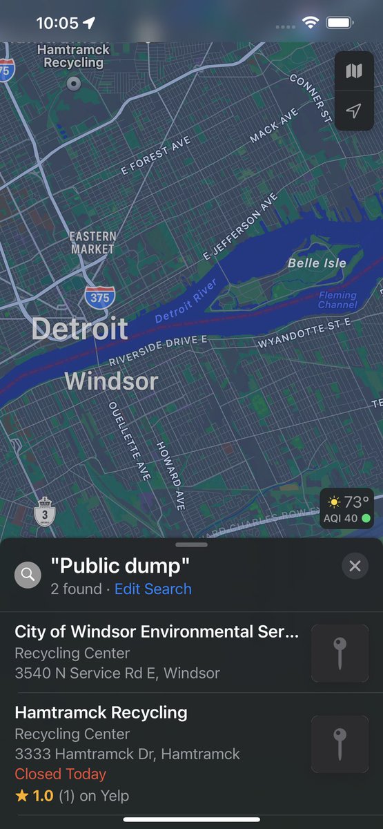 LindseyGCarnett's tweet photo. I typed in “public dumpster near me” in Apple Maps and it pulled up the City of Detroit… (I live in TX…) #AppleMap #AppleMapsFail https://t.co/eAcajsFJ5c