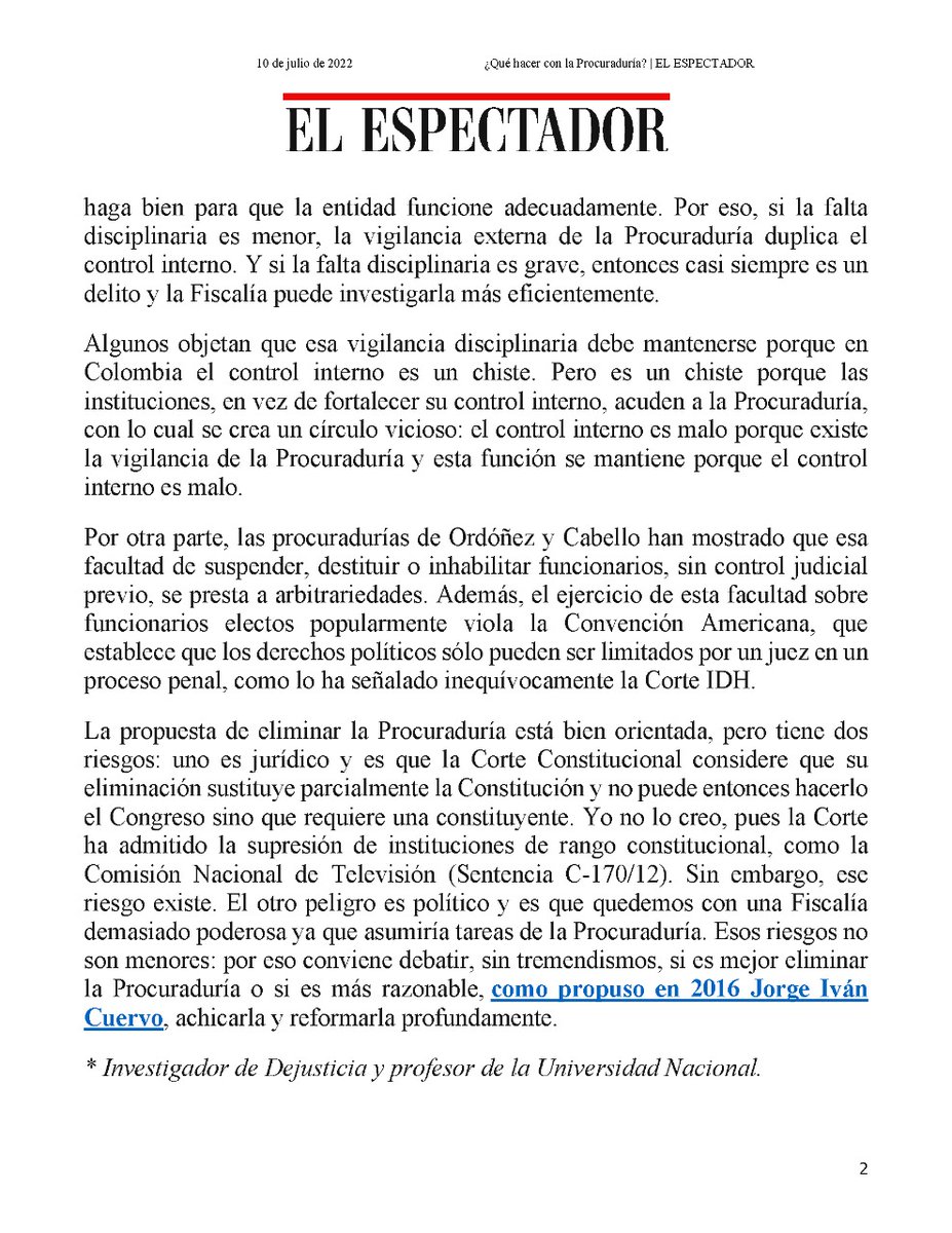 RodrigoUprimny's tweet photo. Una versión en PDF de mi columna hoy: la propuesta de Petro de eliminar la Procuraduría está bien encaminada y en general la apoyo, pero requiere mayor discusión, con espíritu calmado, pues no está desprovista de riesgos jurídicos y políticos. https://t.co/Nbb2vmAEg0