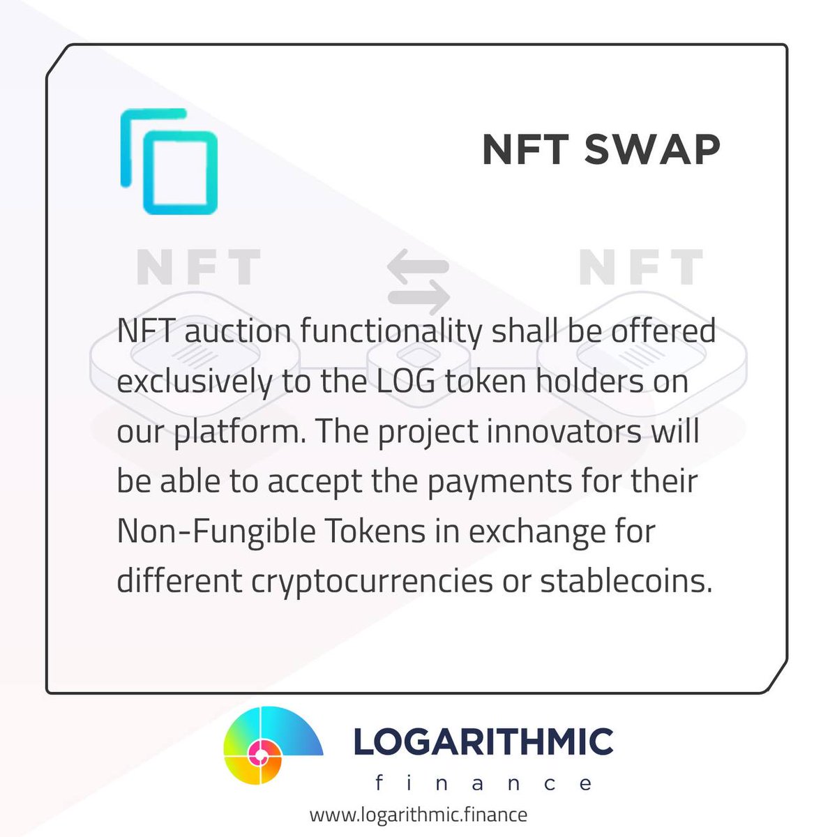 LOGARITHMIC_FI's tweet photo. 🪝LOGARITHMIC RICH TECHNOLOGY AMALGAMATION

NFT SWAP 🎗

NFT auction functionality shall be offered exclusively to the LOG token holders on our platform. cryptocurrencies or stablecoins. https://t.co/1oOUFS4J0X