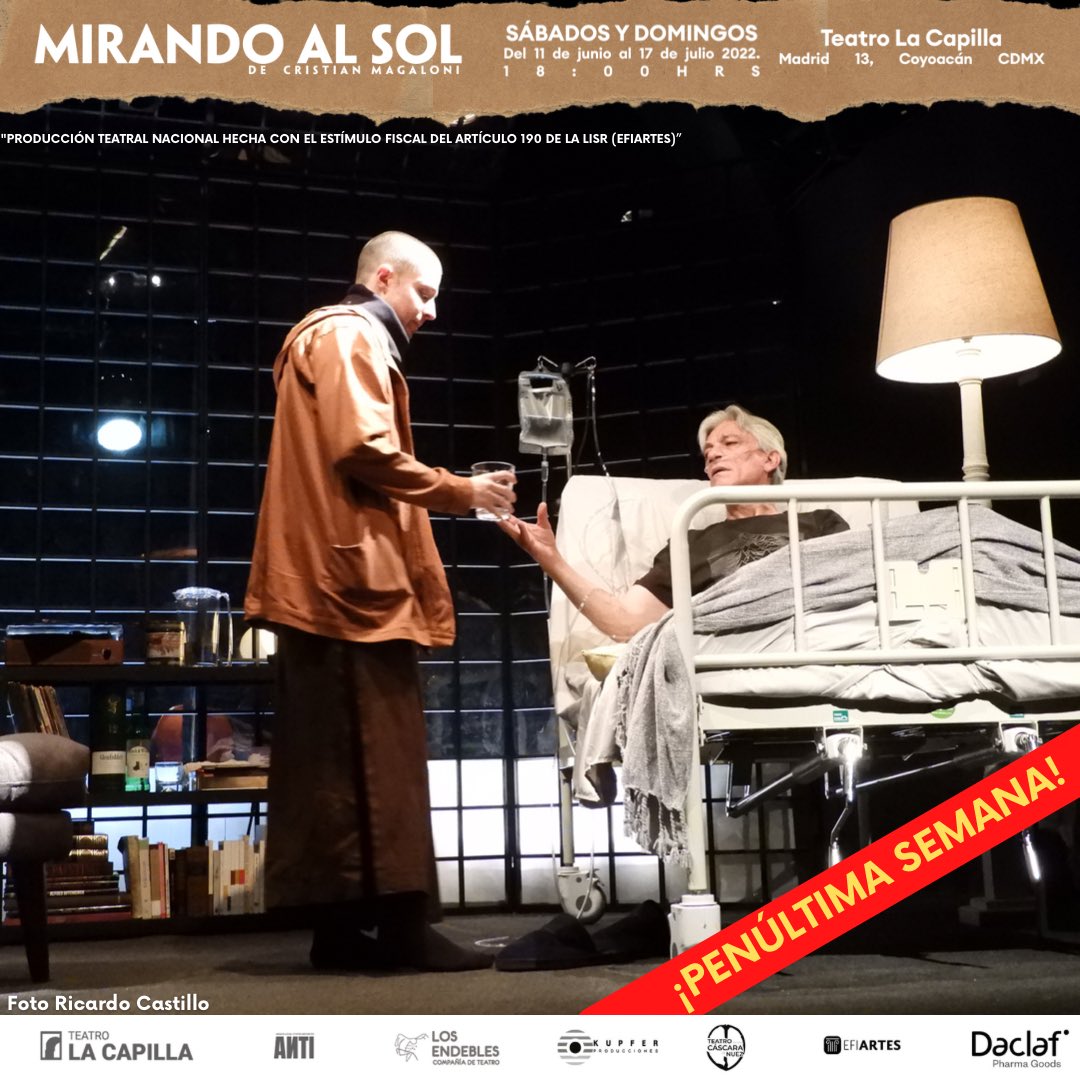 KUPFERProd's tweet photo. El placer también es una manera de evitar la vida. 𝙈𝙄𝙍𝘼𝙉𝘿𝙊 𝘼𝙇 𝙎𝙊𝙇 termina su temporada.
#tardedeteatro ⏰18h
🎭 @LaCapillaTeatro
🎟 taquilla y https://t.co/63f5NhBJys
#MirandoAlSol #padreehijo #teatro #teatrocdmx #cartelera #cdmx https://t.co/8Q9hrPUhs1