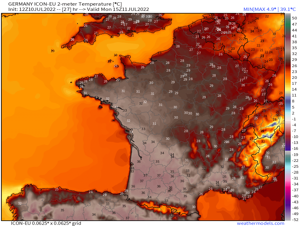 Dès demain, mise en place de très fortes chaleurs (>35°C) sur le sud-ouest du pays avec 35 à 37°C en général entre sud Aquitaine et Midi-Pyrénées selon le modèle ICON (bien efficace sur la gestion des températures ces dernières semaines). #canicule 