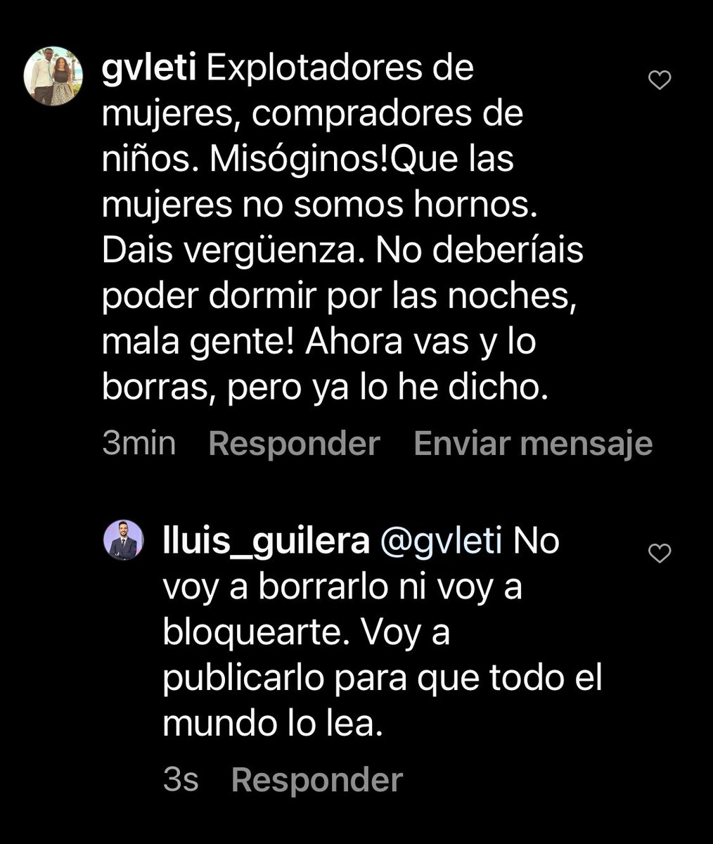 Un ejemplo de los mensajes que recibo por poner una foto con mi marido e hijos. Este odio es el que fomentan ciertos discursos políticos. Espero que asuman su responsabilidad quienes generan esto. E insisto: nadie me pregunta, nadie quiere conocer mi historia antes de insultar.