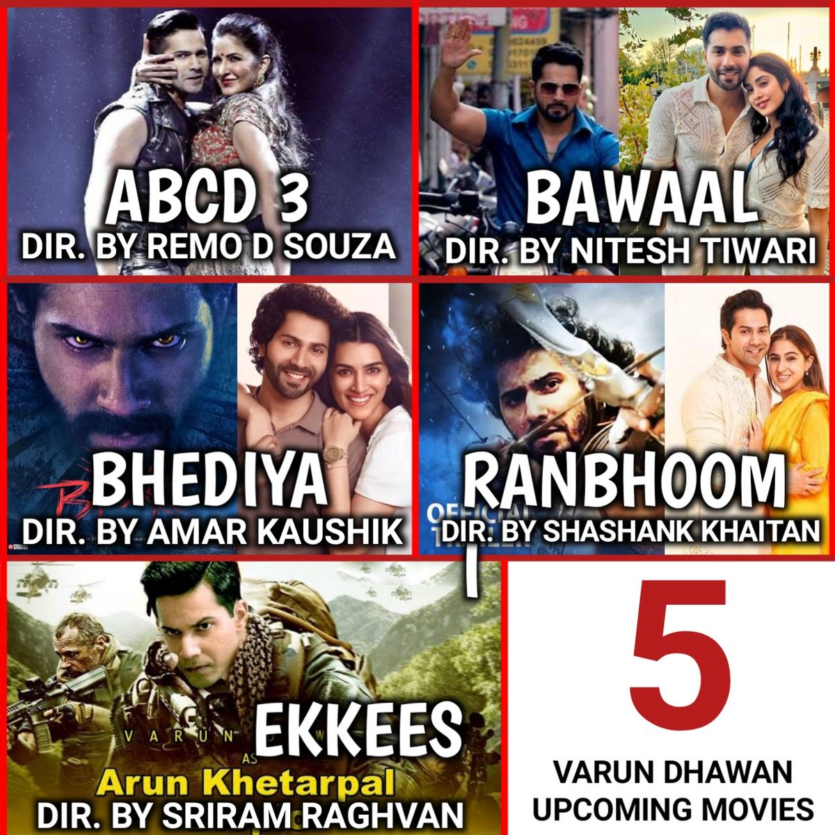 ElvishKiDia's tweet photo. #ABCD3 - #VarunDhawan #KatrinaKaif 
From the makers of Street Dancer &amp; Race3

#Bawaal - #JhanviKapoor | From the makers of Dangal &amp; Chhichore

#Bhediya - #KritiSanon |From the makers of Stree 

#Ranbhoomi - #Sara from the makers of BK Dulhania

#Ekkes from the makers of Andhadhun https://t.co/pRrr5lyqqU