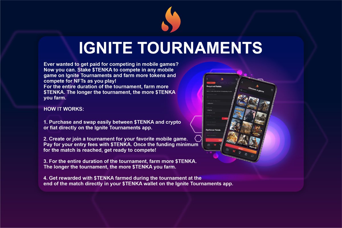 Ever wanted to get paid for competing in mobile games? Now you can. Stake $TENKA to compete in any mobile game on Ignite Tournaments and farm more tokens and compete for NFTs as you play!
#IgniteTournaments