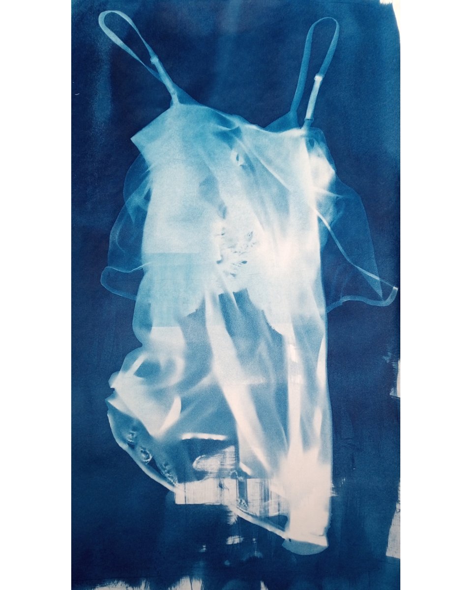 beatniksoup's tweet image. perfect weather for #cyanotype  - photogram of a shift dress contact printed on sponge coated wallpaper lining paper #cameralessphotography ☀️👗
