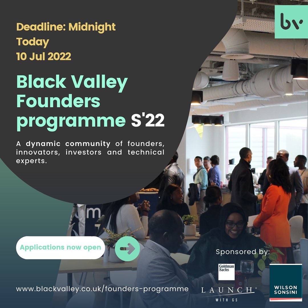 blackvalleyhq's tweet photo. Applications for our founders programme Closes midnight tonight (BST) #BlackTechTwitter #blacktechuk https://t.co/wlMGgR4npQ