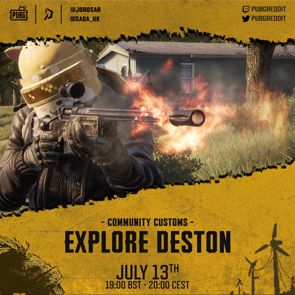 We all want to #ExploreDeston.

So here's something cool. We're partnering up with <a href="/JoRoSaR/">John Sargent</a>, <a href="/Saga_UK/">Saga</a> &amp; <a href="/Delzaugh/">Delzaugh</a> to host 5 custom games on Deston!

📅 When: July 13th, 19:00 BST / 20:00 CEST
📌 Where: discord.gg/pubgreddit
👉 Learn more: redd.it/vvujrx