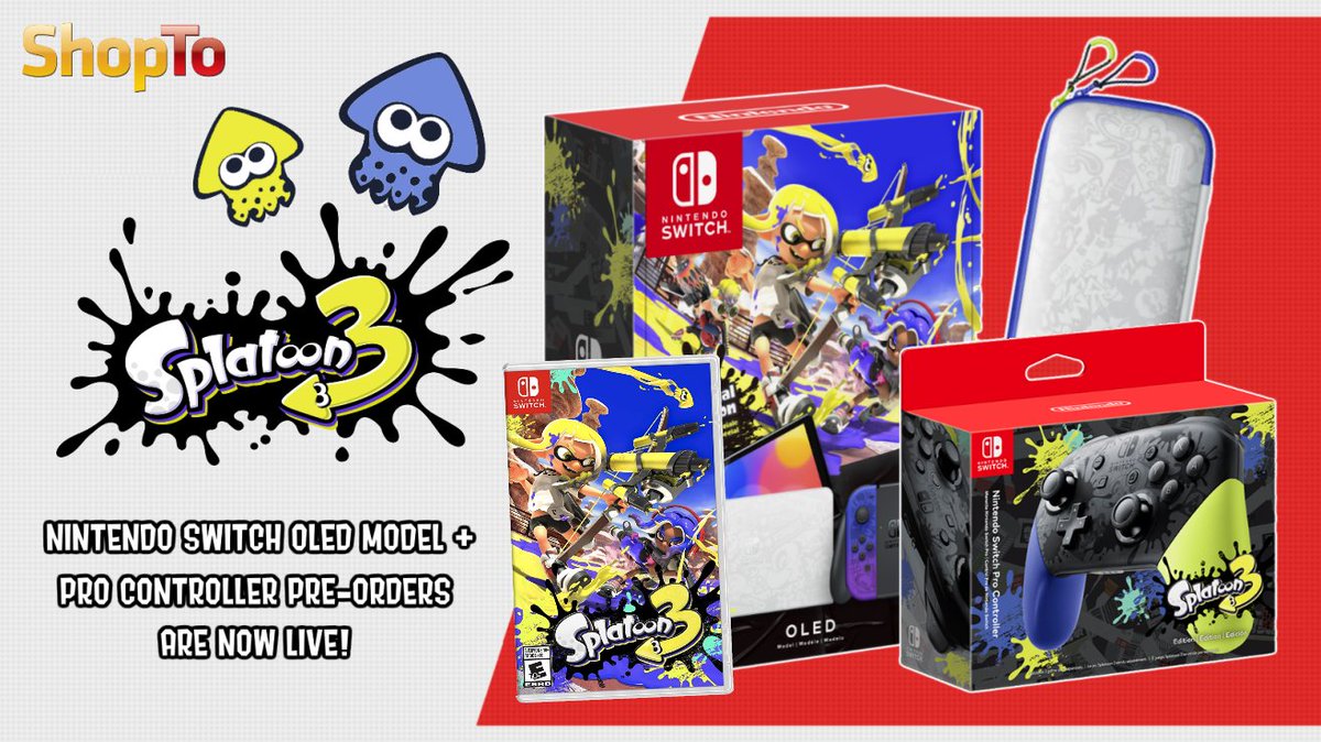 NintendoPlayUK's tweet image. 🟣🟡 #ShopTo Pre-orders now live for #Splatoon3 #NintendoSwitch #OLED Model, Pro Controller &amp;amp; more. £10 off!

🎮 Splatoon 3 OLED - £309.85
🎮 Pro Controller - £59.85
🎮 Carrying Case - £19.85
🎮 Splatoon 3 + Squid/Octo Keyring - £39.85

🛒 tidd.ly/3AvsSZY  #affiliatelink