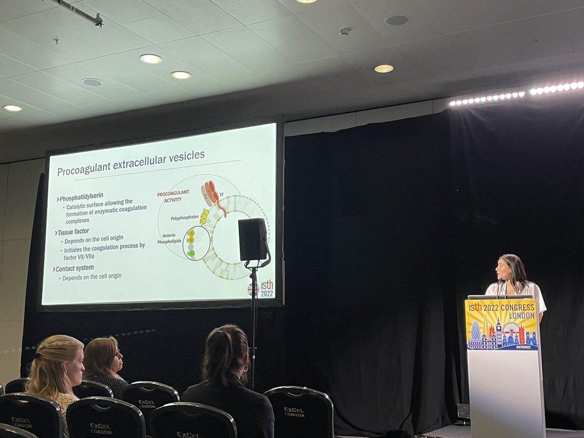 Amandine Bonifay @reseau_c2vn present the study report on TF-EV measurement in plasma samples. None of the antigenic assays tested showed correct specificity. Way to go: functional assay +TF-blocking Ab +preanalytical steps independent of high-speed centrifuge separat. #ISTH2022