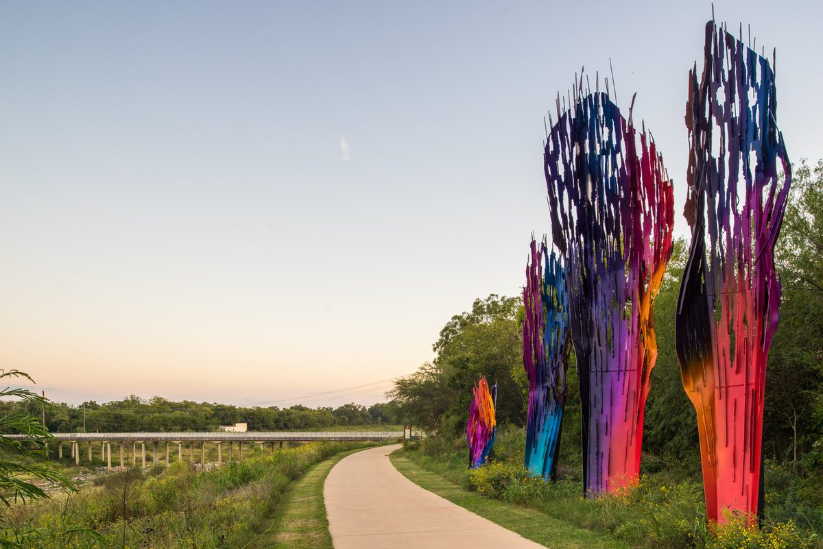 Mission Reach Art: Whispers - This monumental installation connects the River and <a href="/MissionsNPS/">San Antonio Missions National Historical Park</a> San Juan, serving as a portal between the two; named “Whispers” because the pieces “speak” to each other in their movement and color. 📷 <a href="/sariverfound/">SA River Foundation</a>. #LiveFromTheSouthside