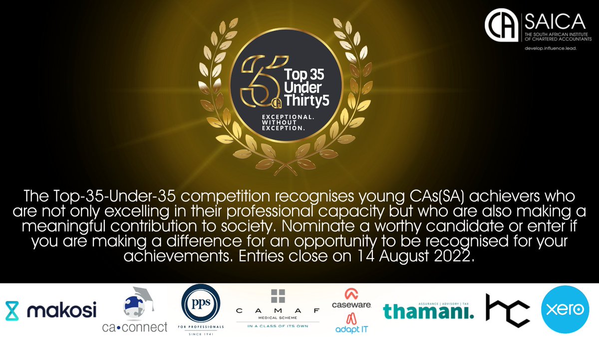 KevinSem's tweet photo. If you are a CA(SA) and would like to be part of a fantastic opportunity to measure how far you have come in your career, the 2022 @saica_ca_sa #top35u35 nomination and entry is now open! #saica

Nominate: https://t.co/qqu3Y6WHHd

OR

Enter: https://t.co/uQLg1YnEL6 https://t.co/CQ9Pn9oMmw