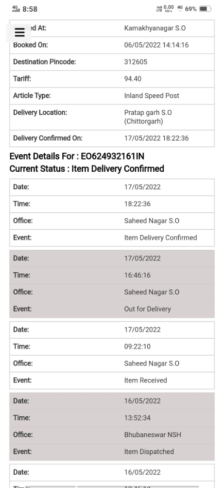 jmc4u's tweet photo. @IndiaPostOffice 
Dear Sir
               we have made a Speed Post Track Id -EO624932161IN  on Dt 06.05.22 from Kamakhyanagar So ( 759018 ) to Pratapgarh - pin code -312605 But our Parcel is wrongly Deliver to Sahid Nagar Bhubaneswar. So look into this matter seriously. https://t.co/LPw7oHgbuj