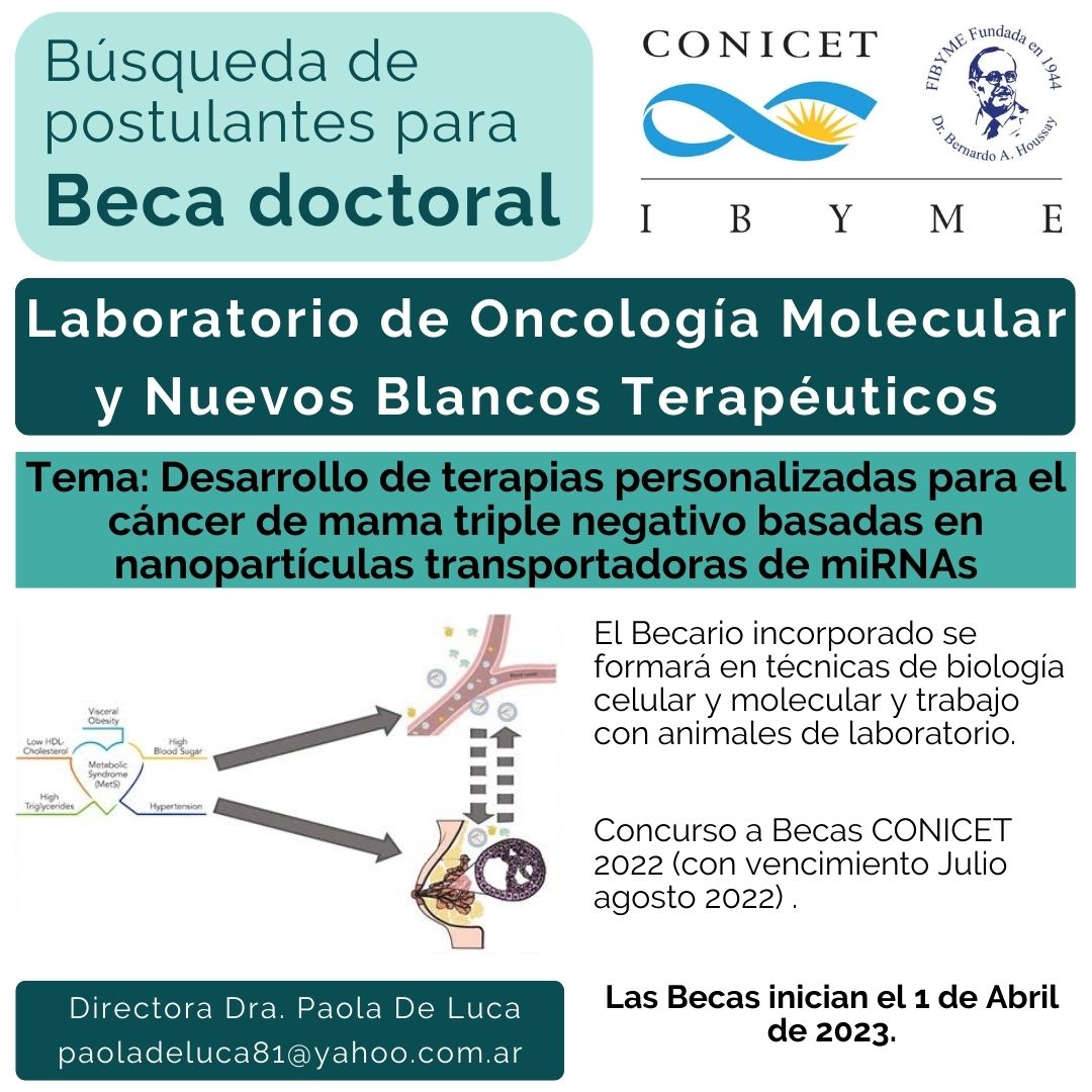 Se buscan postulantes para Beca Doctoral CONICET 2023

Lab. de Oncología Molecular y Nuevos Blancos Terapéuticos (IBYME CONICET).

Contacto: paoladeluca81@yahoo.com.ar