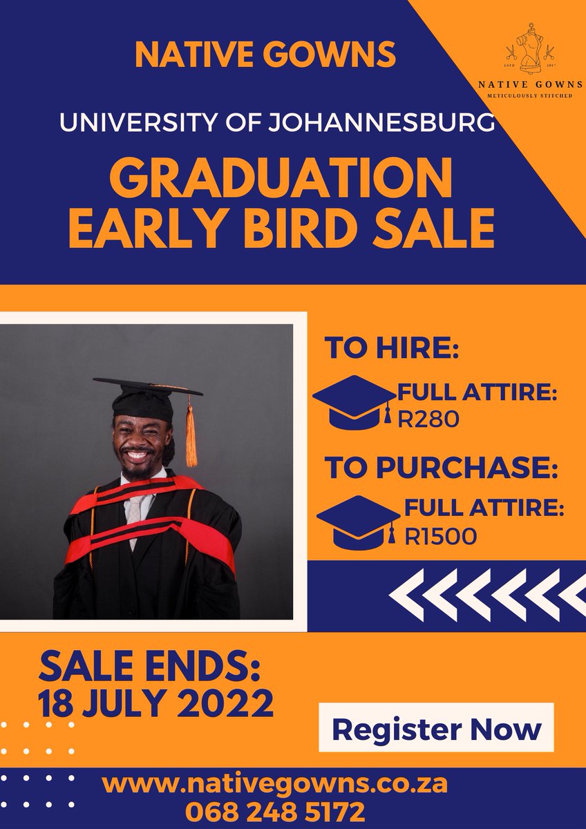 NGowns's tweet photo. We are excited to announce our UJ early bird sale.

Bookings accepted on:
068 248 5172 / info@nativegowns.co.za https://t.co/f4Sx2FMxbj