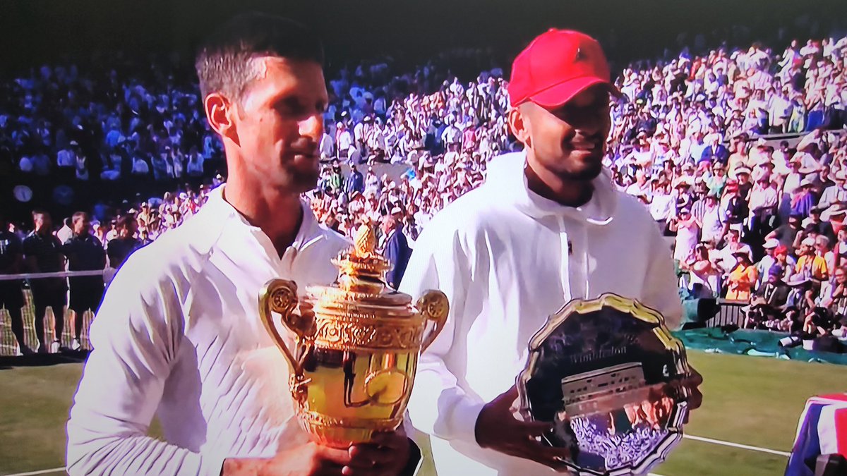 rajeshworld's tweet photo. #Djokovic won on his wedding anniversary. He thanks his entire team & is surprised to see his daughter there. Says his son is missing because he's playing a set with #BobBryan's son. #Wimbledon https://t.co/GmBpvIhxwz