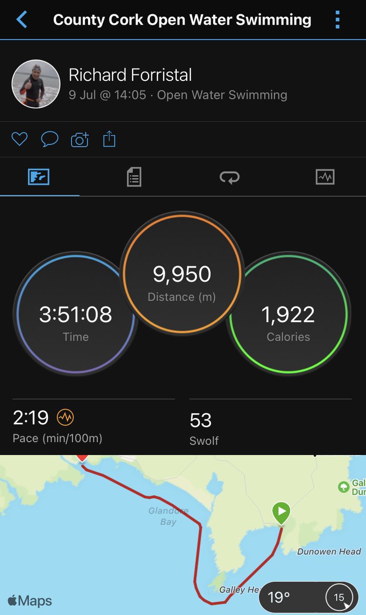 Hard to convey how awesome an experience yesterday’s <a href="/GalleyHeadSwim/">Galley Head Swim</a> was. Incredible event &amp; enormous sense of achievement on a personal level, bang up there w/ riding around Aintree or Cheltenham. I asked my skipper to make sure we took the shortest route &amp; we did that - 9,950m!