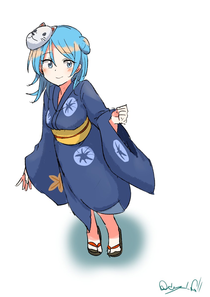 urakaze (kancolle) 1girl japanese clothes solo blue hair kimono hair bun mask  illustration images