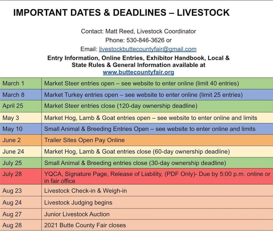 FairButteCounty's tweet image. Livestock Exhibitors here are the rest of the dates and deadlines. 
buttecountyfair.org
Email: Livestockbuttecountyfair@gmail.com