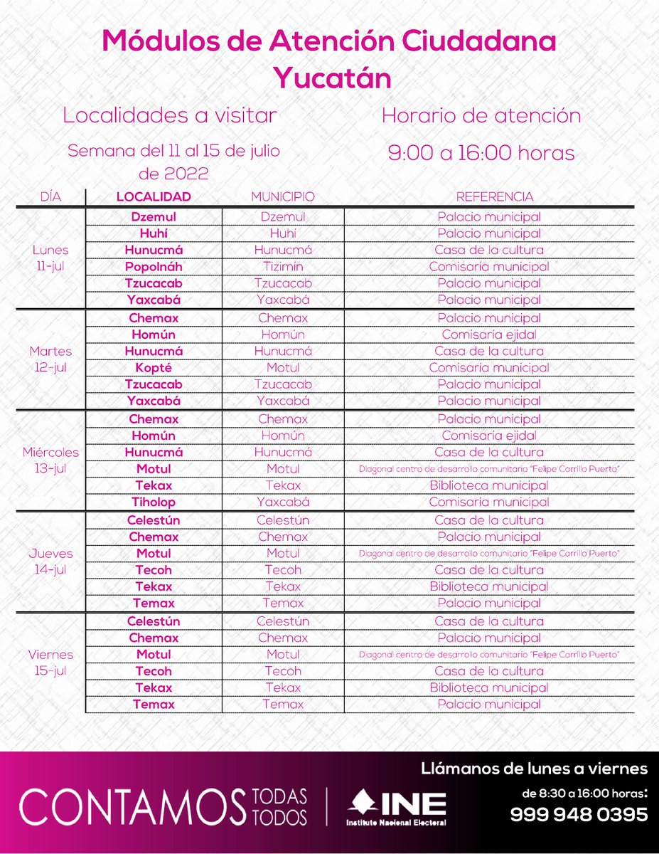 INEYucatan's tweet photo. Del 11 al 14 de julio de 2022, los módulos de atención ciudadana del @INEYucatan  visitarán tu comunidad. No  te olvides de lleva la documentación adecuada. https://t.co/1WrwBbFf2l