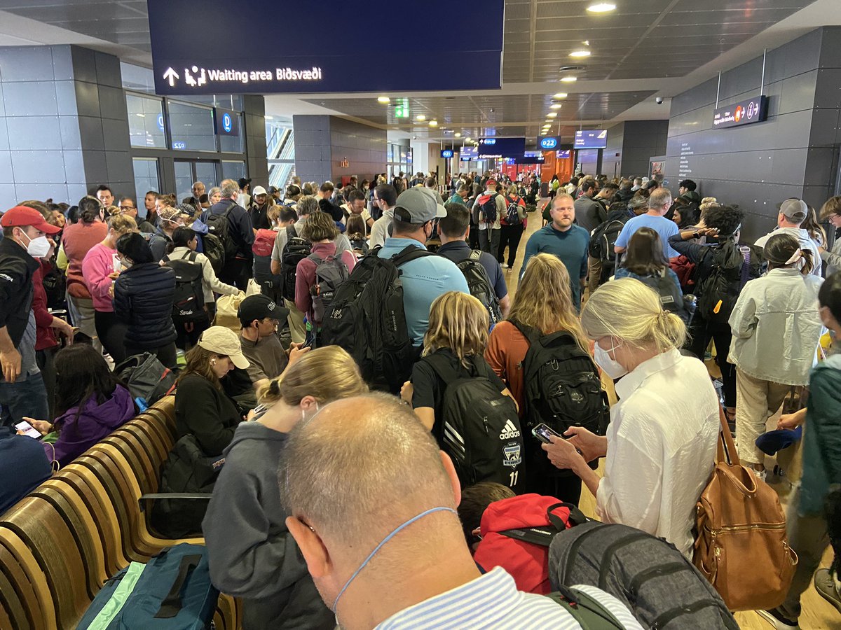 JosVaugh's tweet photo. @kefairport what a disaster.  Ridiculously long lines.  Overcrowded and chaotic.  Can’t seems to assign gates until almost time to board.  Boarding pass printers not working.  Refuse to open sector doors to flight gates until flights almost ready to leave. #icelandair Avoid. https://t.co/32eD4Pl2Eg