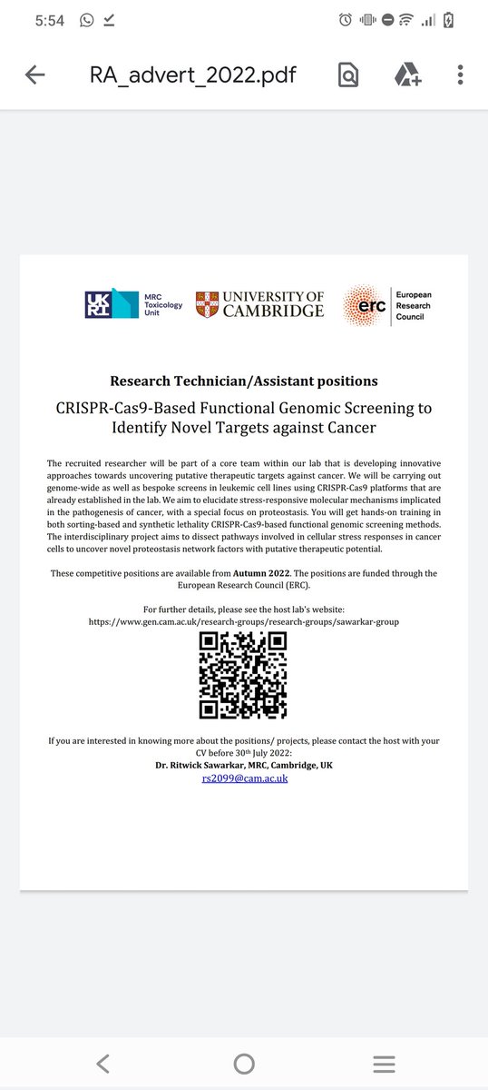 Our team keeps growing! We are looking for motivated researchers to join our CRISPR-Cas9 based functional genomics team @MRC_TU @UniCambridge. No prior experience is needed, interested candidates should write directly to Ritwick. Funded by @ERC_Research @The_MRC