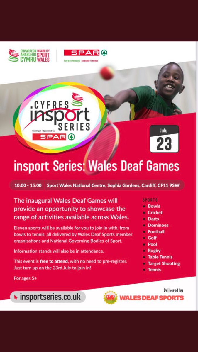 Please share RT with anyone who might be interested in taster sessions &amp; a fun day! <a href="/CaerleonComp/">Caerleon Comp</a> 
Wales Deaf Games! 🦻🏼🏴󠁧󠁢󠁷󠁬󠁳󠁿 Saturday 23rd July at Sophia Gardens, Cardiff! Rhowch gynnig arni! 🏉🎾🏓⚽️⛳️🏏🏹 #deafsports #nobarriers <a href="/WalesDeafRugby/">WRU Deaf</a> <a href="/DeafHubWales/">Deaf Hub (Wales)</a> <a href="/WCDeaf/">Wales Council For Deaf People</a> <a href="/deafsport/">UK Deaf Sport</a>
