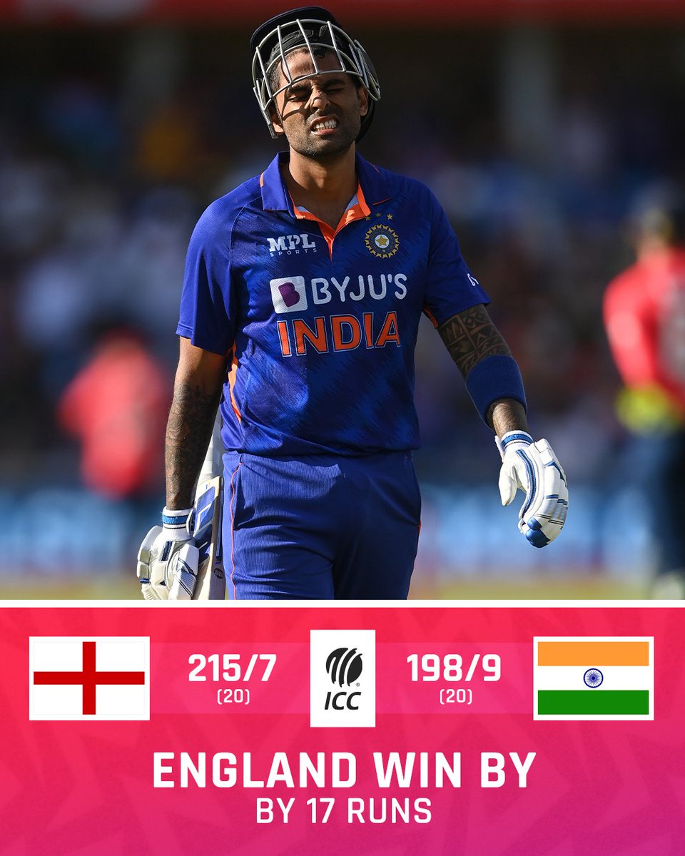 ICC's tweet photo. A brilliant innings from Suryakumar Yadav but England hold their nerve 👏

#ENGvIND | 📝 Scorecard: https://t.co/Uf1ycEfsnW https://t.co/HV5DA1gbjs