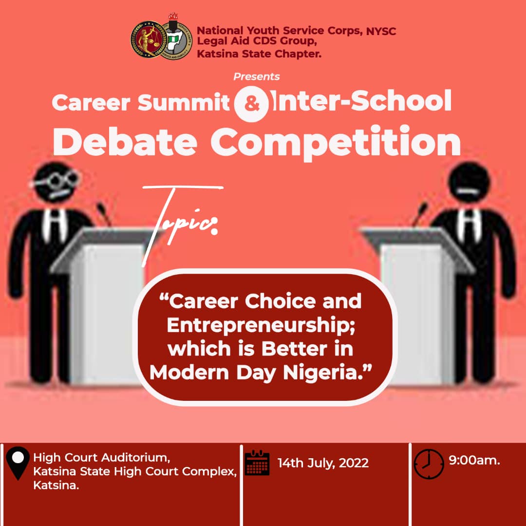 LegalAidCDS_KT's tweet photo. You can't afford to miss this battle of words between these amazing students representing their schools to wow us with their cogent reasons for choosing career paths or entrepreneurship over the other and vice versa.

#nysc
#legalaidcdskt
#serviceandjustice https://t.co/mvv9ZFabY9