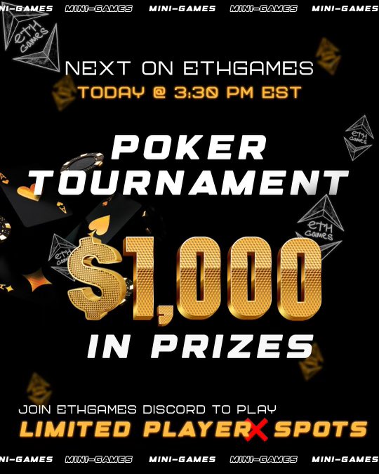 🚨POKER SUNDAY🚨

Prizes: $1,000 / 1 ETH

When: 3:30pm EST

Buy-in: RT &amp; Like/Tag 2 Friends

Perfect opportunity to win and sweep those Mutant Ape Player Cards 🍌

3 Tables: 100 Players Per Table

First Come, First Served. Links only on discord❌

discord.gg/ethgames