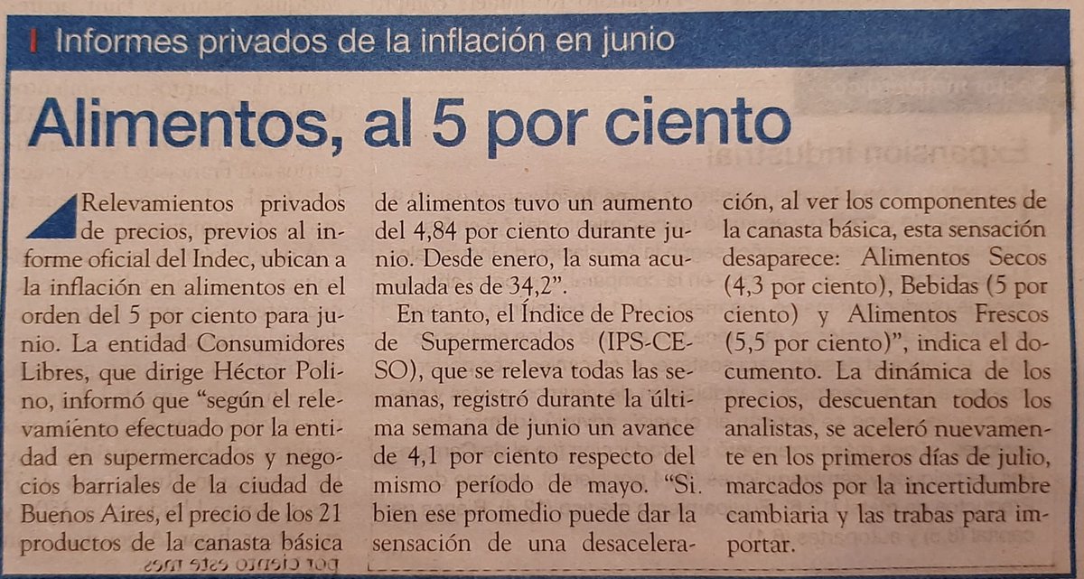 8/7/22 Nota: Página 12

Alimentos, al 5 por ciento.

La entidad Consumidores Libres, que dirige Héctor Polino, informó que la canasta básica de alimentos aumentó un 4,84%  durante junio.

hectorpolino.com/?p=12232