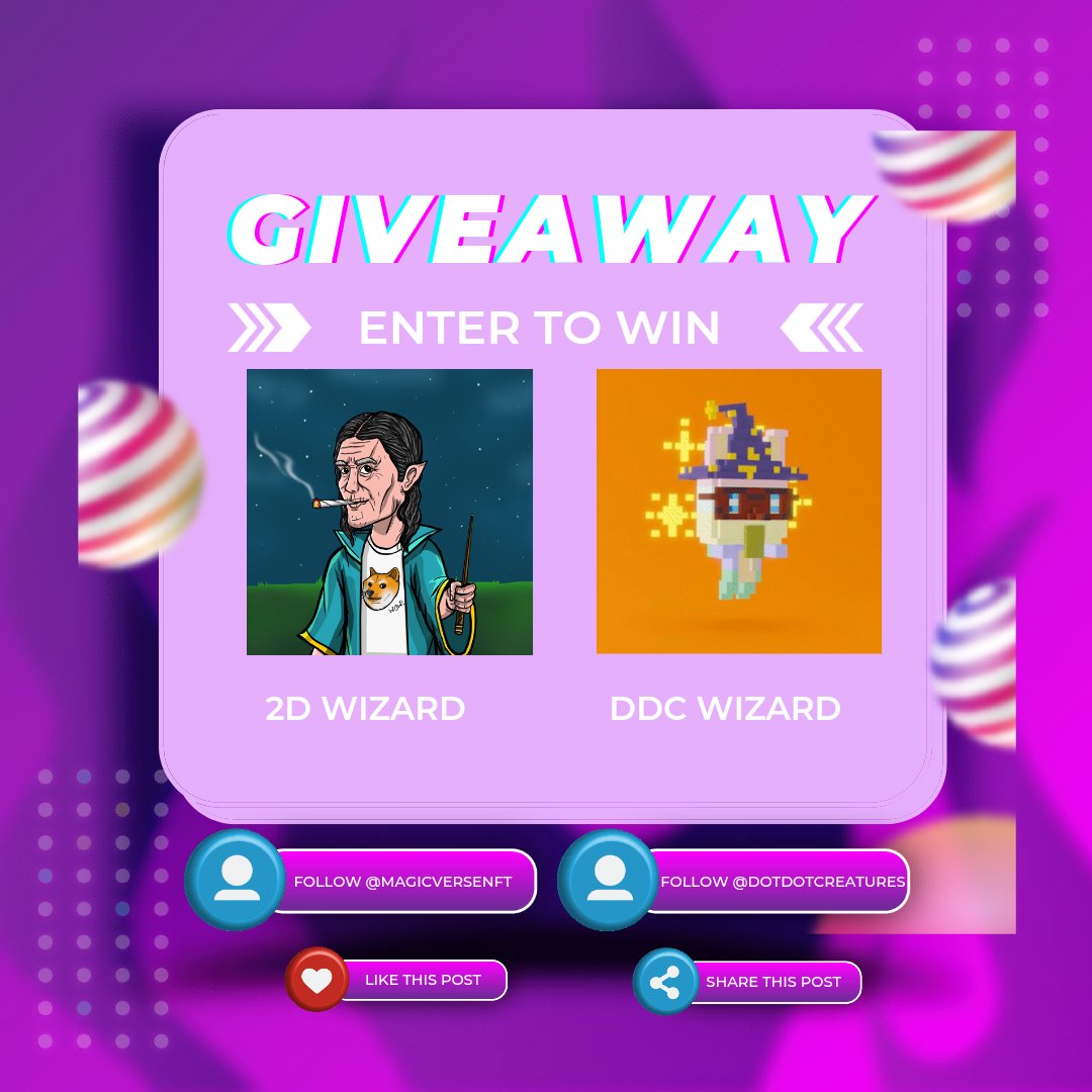 MagicverseNFT's tweet photo. If you haven't already, check out these amazing creatures from our @dotdotcreatures friends! 😎
We are giving away a 2D Wizard 🧙‍♂️and a DDC Wizard 🧙‍♂️🎁 to 1 lucky person who: follows @dotdotcreatures and @MagicverseNFT over the next 48 hours! 
RT + Like ❤
#nft #NFTGiveaway #CNFT https://t.co/7uDrR87QHa