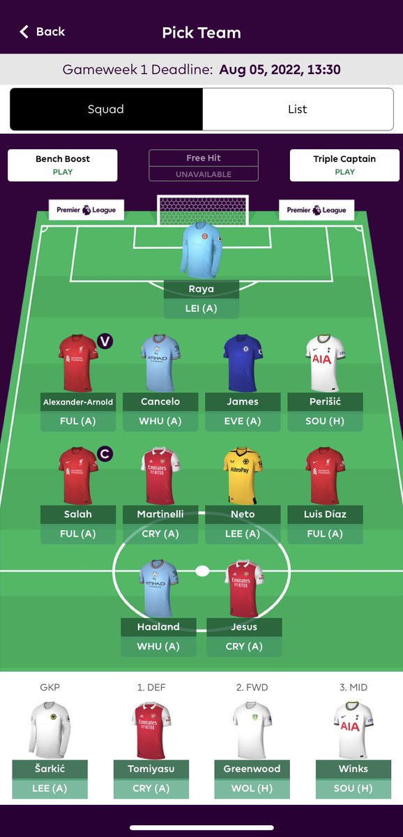 JRoseLFC's tweet photo. @LetsTalk_FPL This the team atm… love the forwards and defense but concerned with the midfield. Is Martinelli at rotation/mins risk? How good is Neto actually for his price? Not too bothered about the keeper/winks either for the beginning, just needed the p’s. https://t.co/4IUdlYUyzm