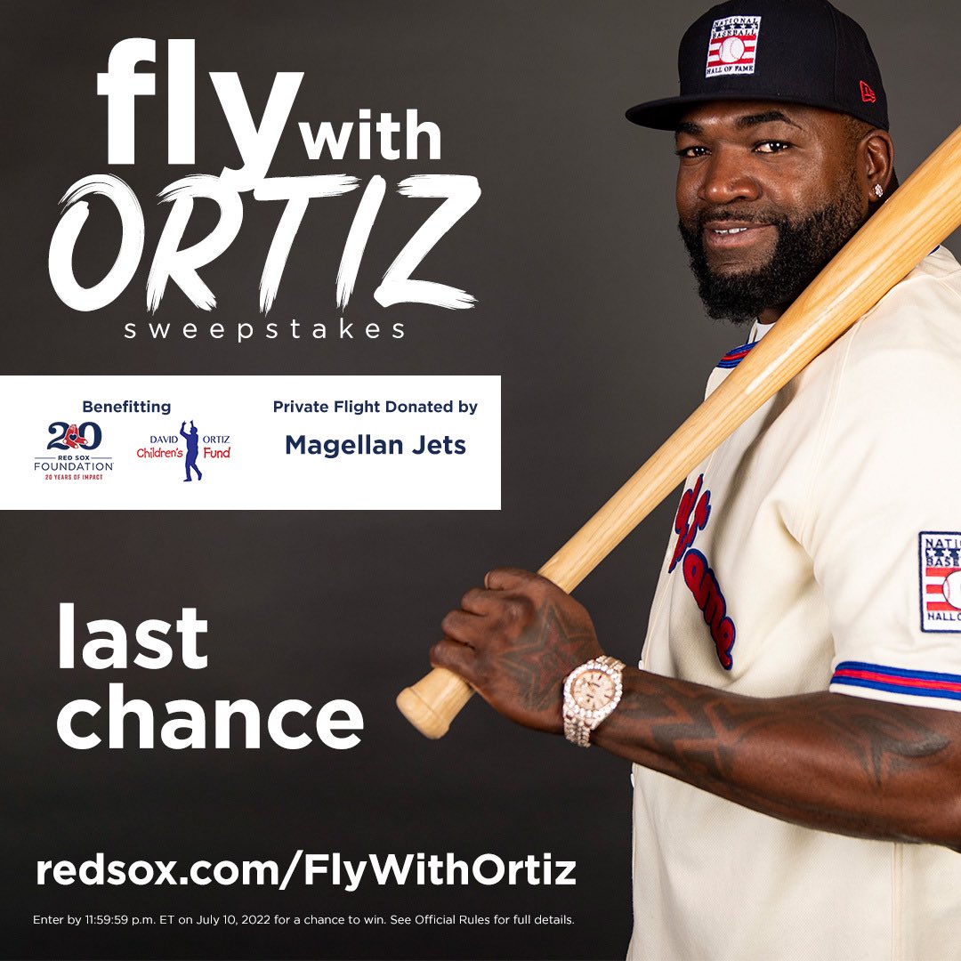 🚨LAST CALL FOR THE EXPERIENCE OF A LIFETIME 🚨 Purchase today prior to 9pm ET to have a chance to fly private with me to #Cooperstown as well as an afternoon with all 3 Commissioner’s trophies from my World Series wins 👀👀 No time to spare! BUY NOW: RedSox.com/FlyWithOrtiz