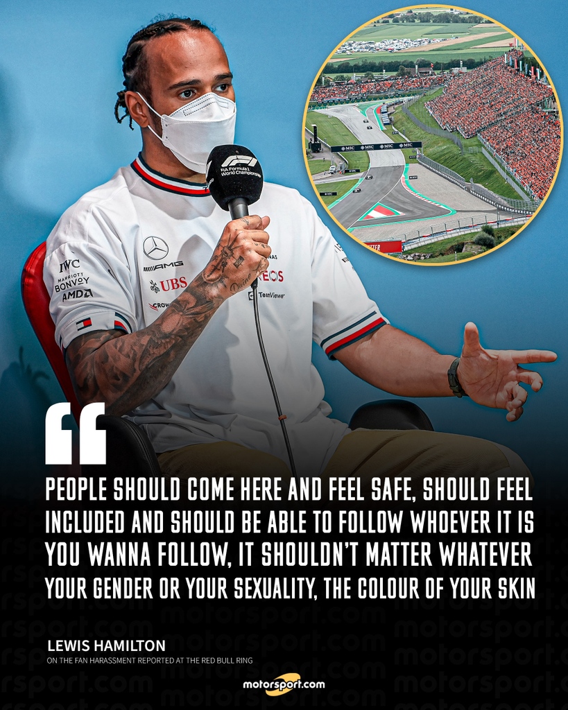 Motorsport's tweet photo. An important message from Lewis Hamilton following harassment reported 🗣 

#F1 #AustrianGP #Motorsport https://t.co/rjzQZnmtfT