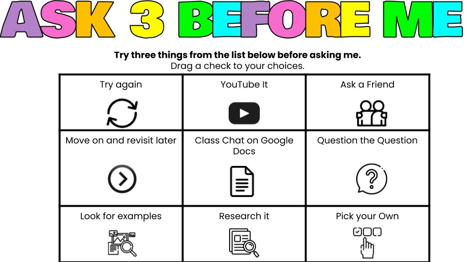 mrshowell24's tweet photo. Ask 3 Before me 

https://t.co/eBnGThyoXj

#edtech #ditchbook #tlap #ETCoaches #hacklearning #GSuiteEdu #GoogleEDU #celebratED #cuechat #k12artchat #masterychat  #goldeduchat https://t.co/946JAsL3Hv